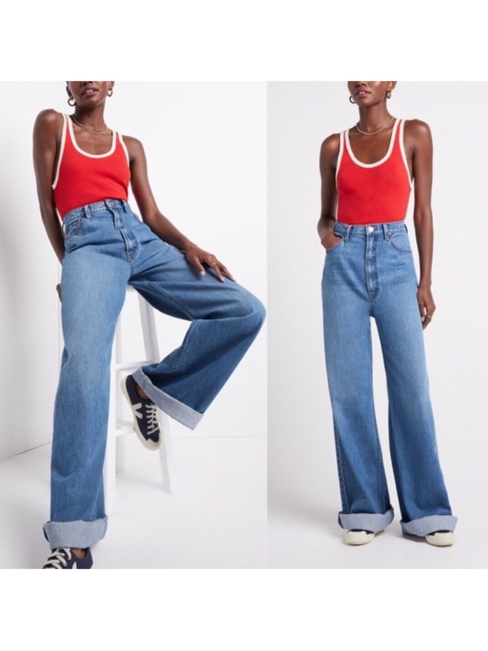Mother Snacks! Funnel Heel Cuff Jeans Delicious Memories Blue Size 28 Wide Leg - Picture 3 of 15